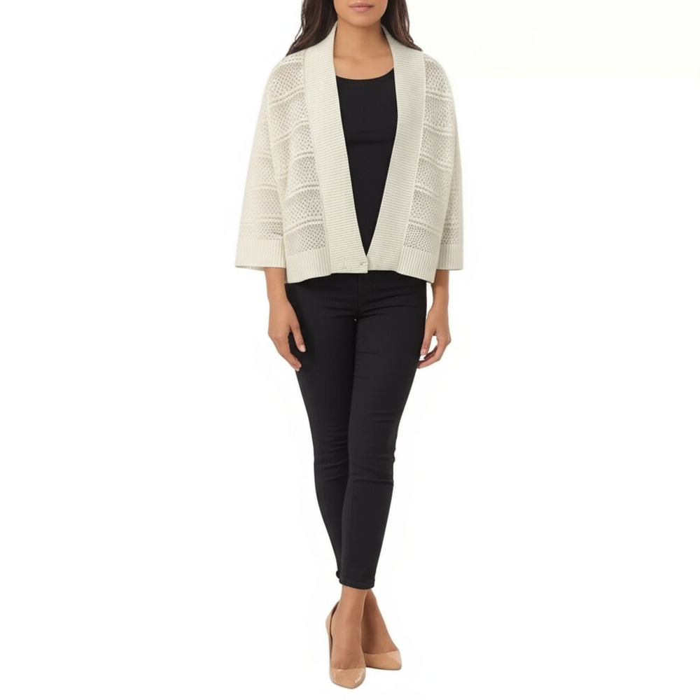 RN Studio Cardigan Womens Size M Cream Open Front Textured Knit Ribbed Cozy